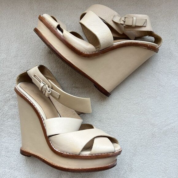 L.A.M.B. Angela Tan Leather High Wedge Heel Platform Sandals Women 8.5 Neutral - Picture 1 of 16